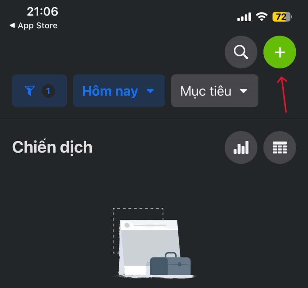 Hình ảnh Hướng Dẫn Chi Tiết Chạy Quảng Cáo Facebook Bằng Điện Thoại Cho Người Mới Bắt Đầu 14 Nhấp vào dấu “+” ở góc trên bên phải màn hình để tạo một chiến dịch quảng cáo mới